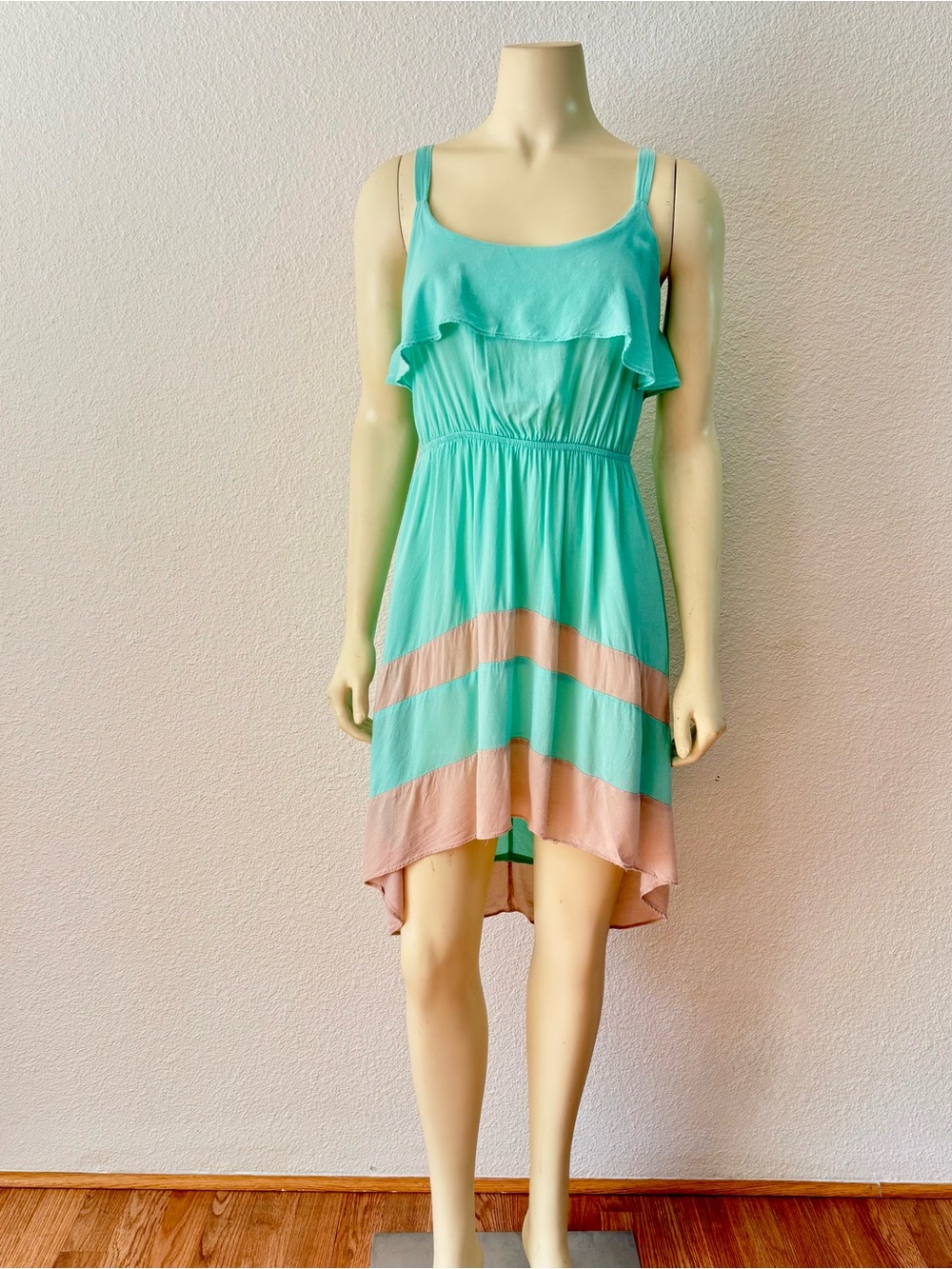 Rue 21 Mint Green High-Low Dress Color-Block Striped Ruffle Neck Women's Size S